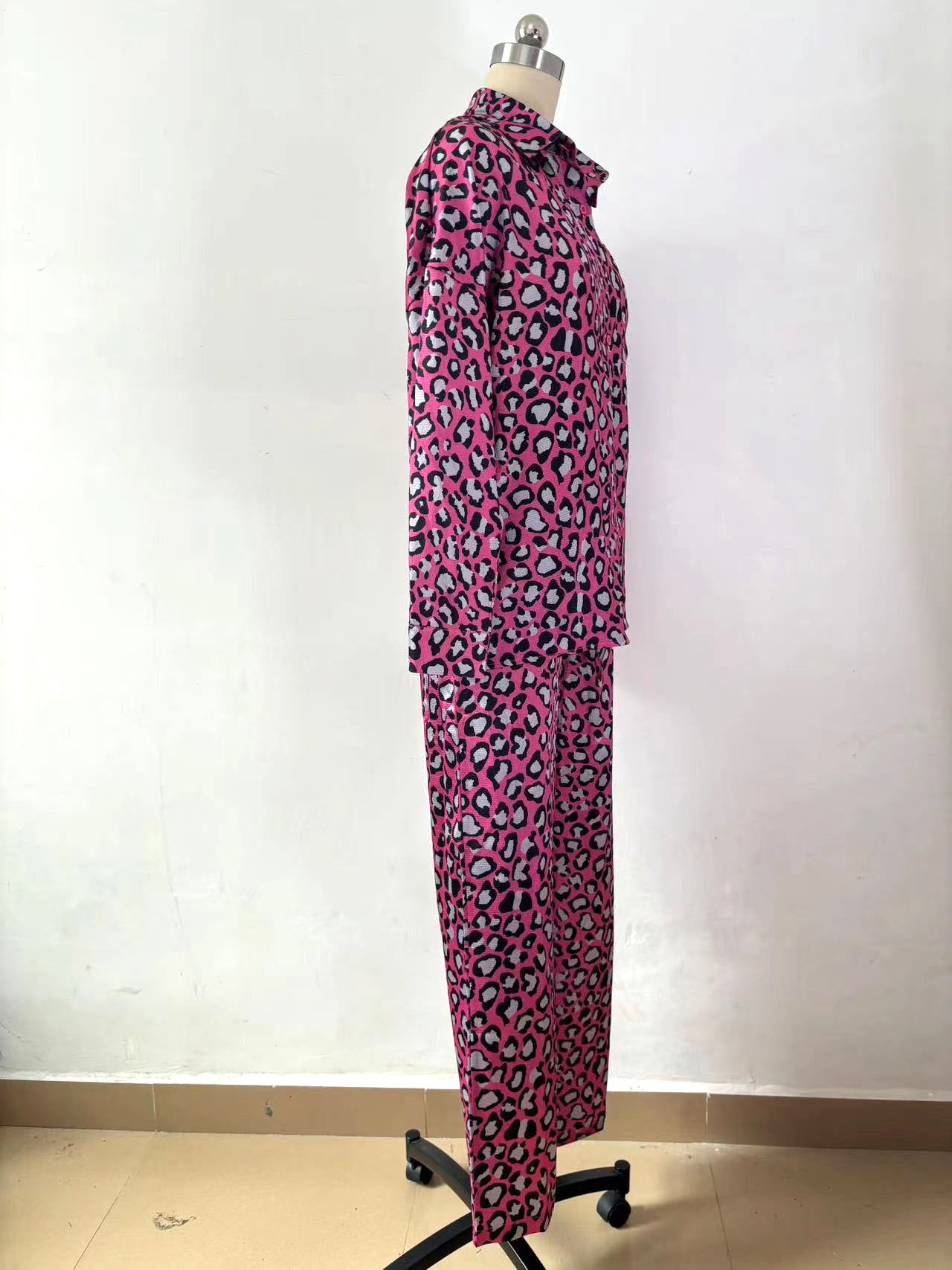 Spring Fashion Casual Women's Leopard Print Long Sleeve Shirt Pants Two Piece Set 16