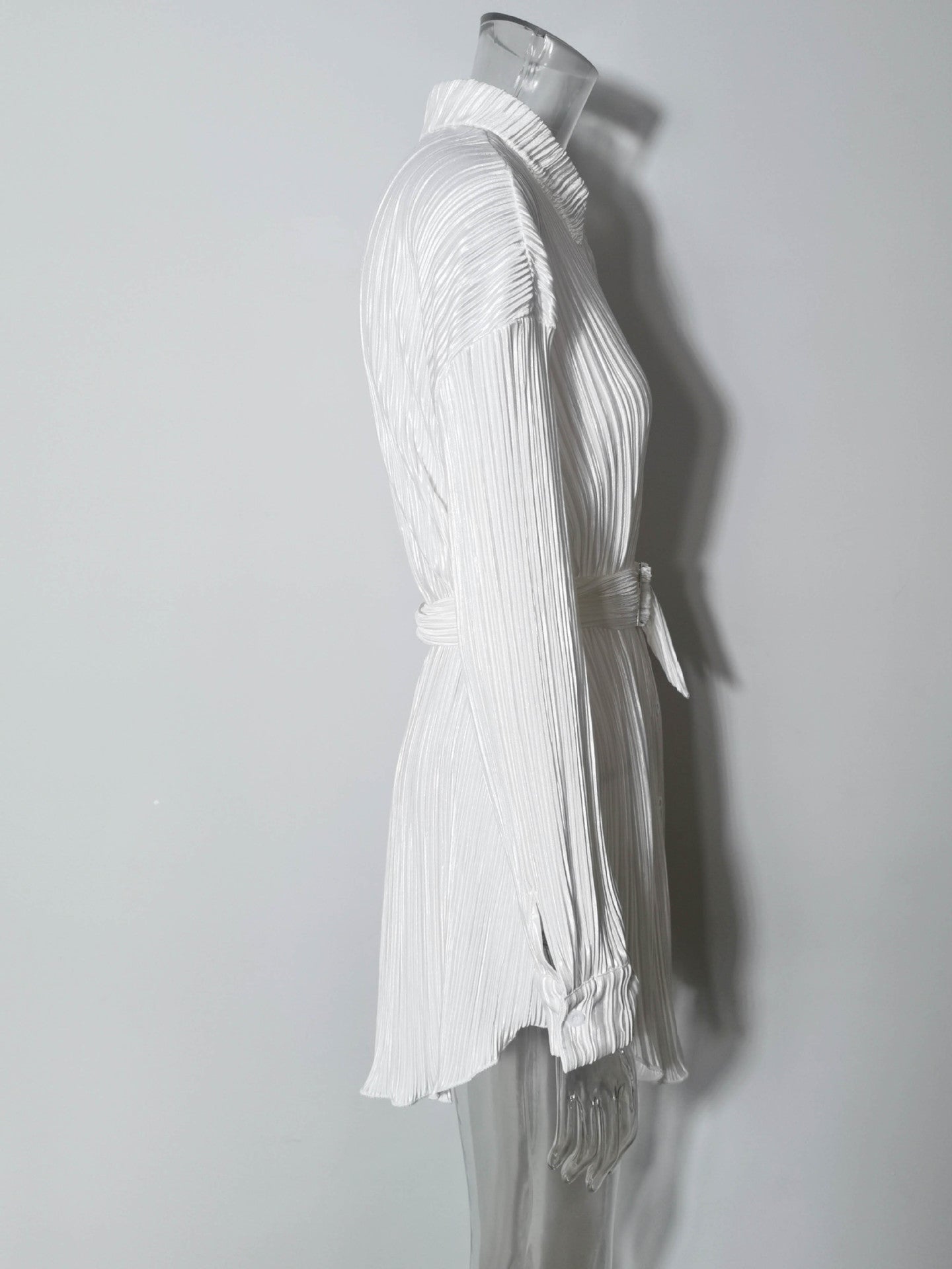 Women Pleated Long Sleeve Belted Shirt Dress 23