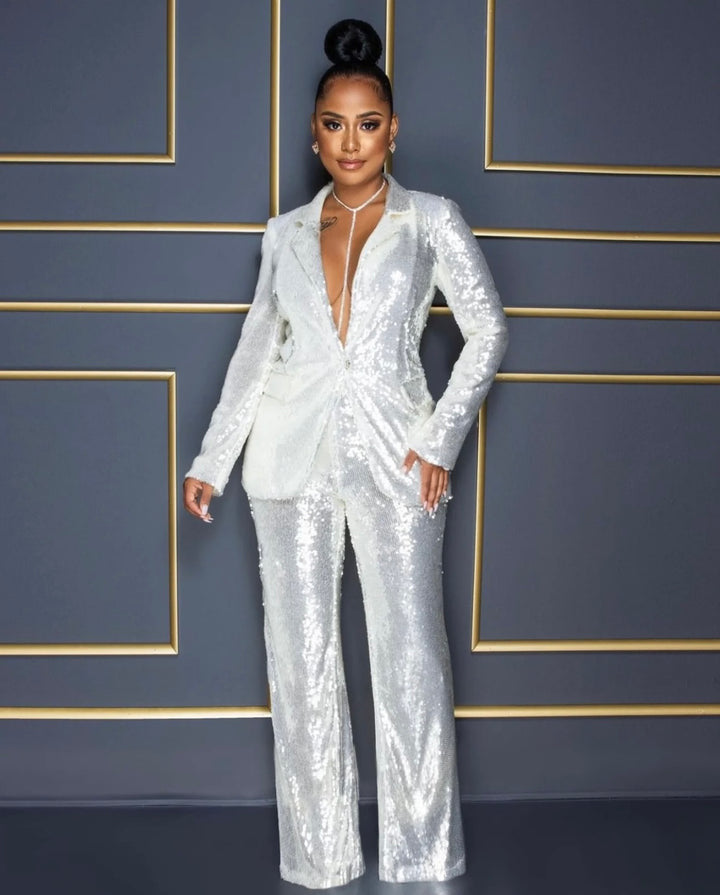 Women's Long Sleeve V-Neck Sequined Blazer Pants Two-Piece Set 3