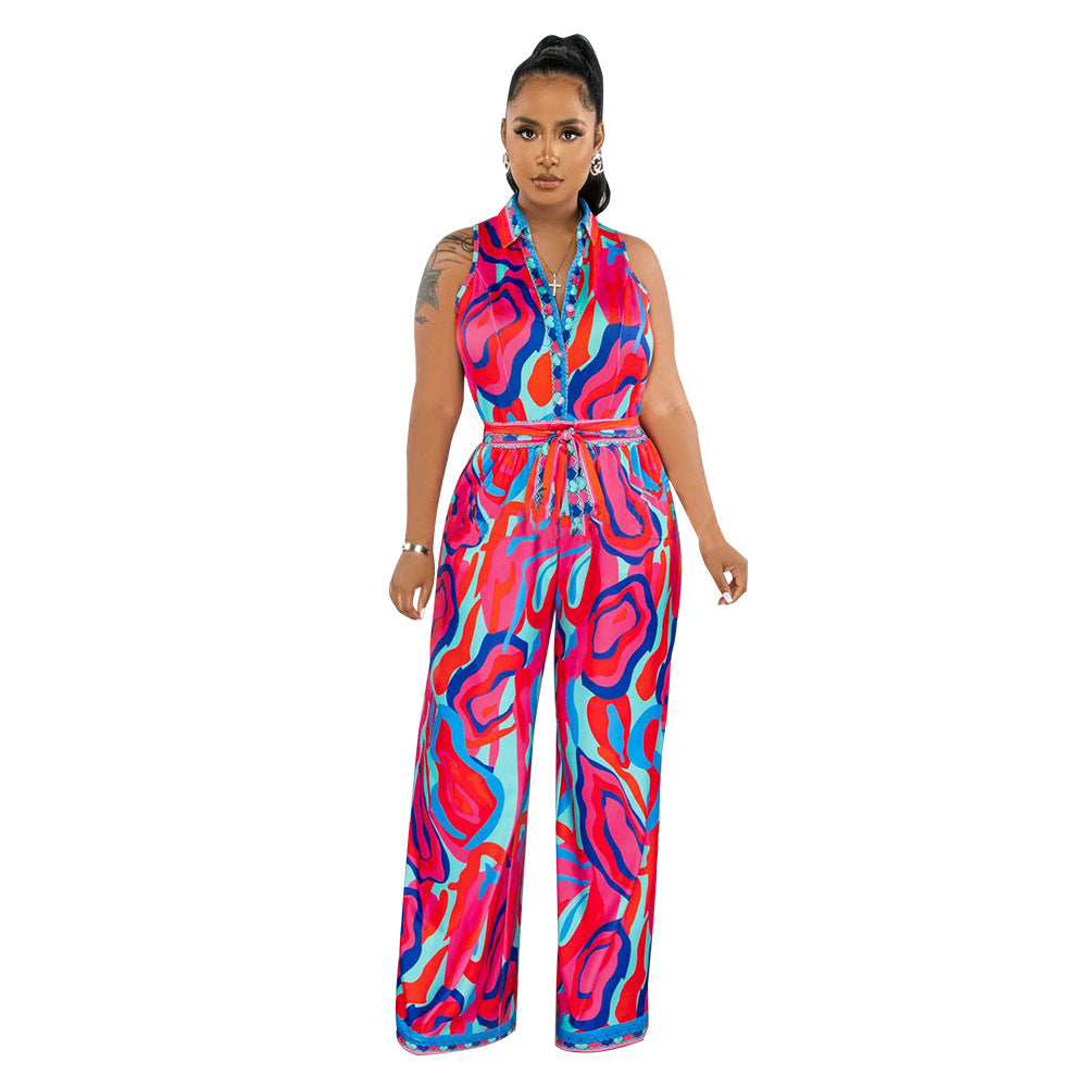 Women's Summer Print Sleeveless V Neck Wide Leg Jumpsuit 10