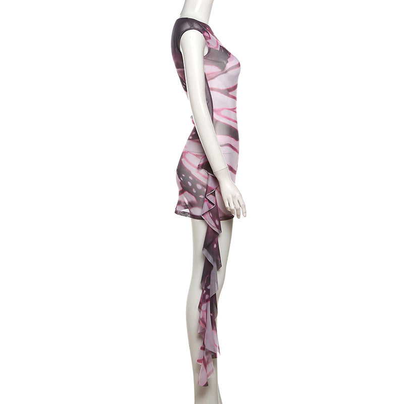 Women Butterfly Print Ribbon Short-Sleeved Dress 7