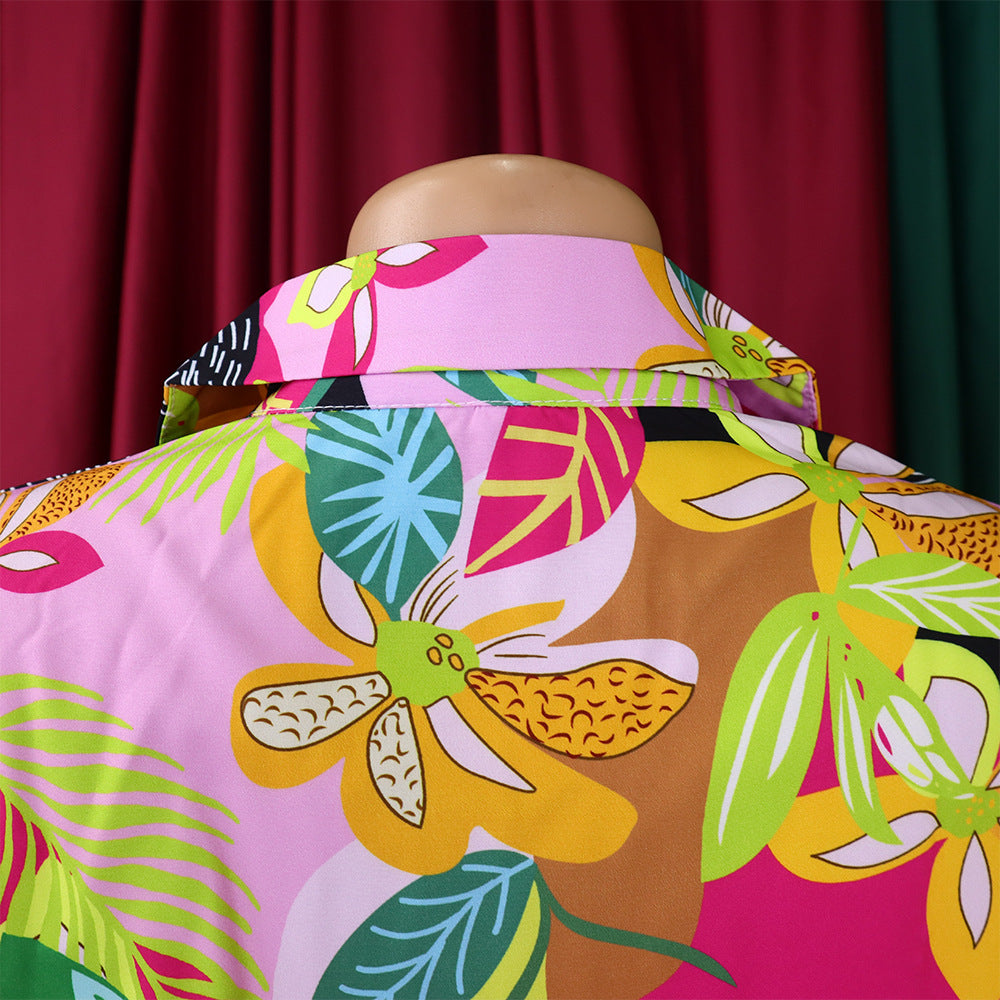 Fashionable Women's Printed Turndown Collar Lace-Up Long Sleeve Shirt 13