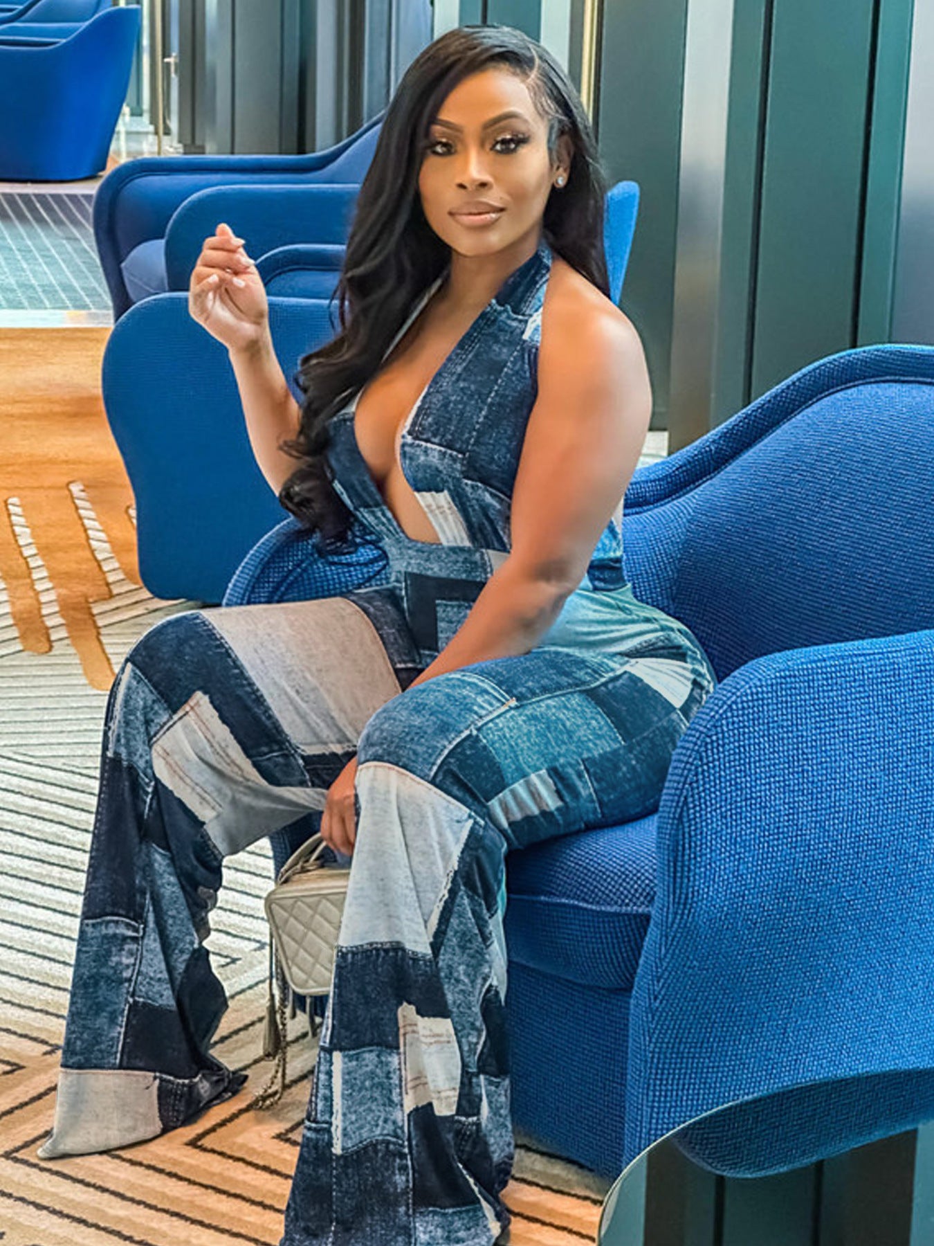 Women's Autumn And Winter Denim Contrast Color Halter Neck Fashion Loose Plus Size Jumpsuit 4