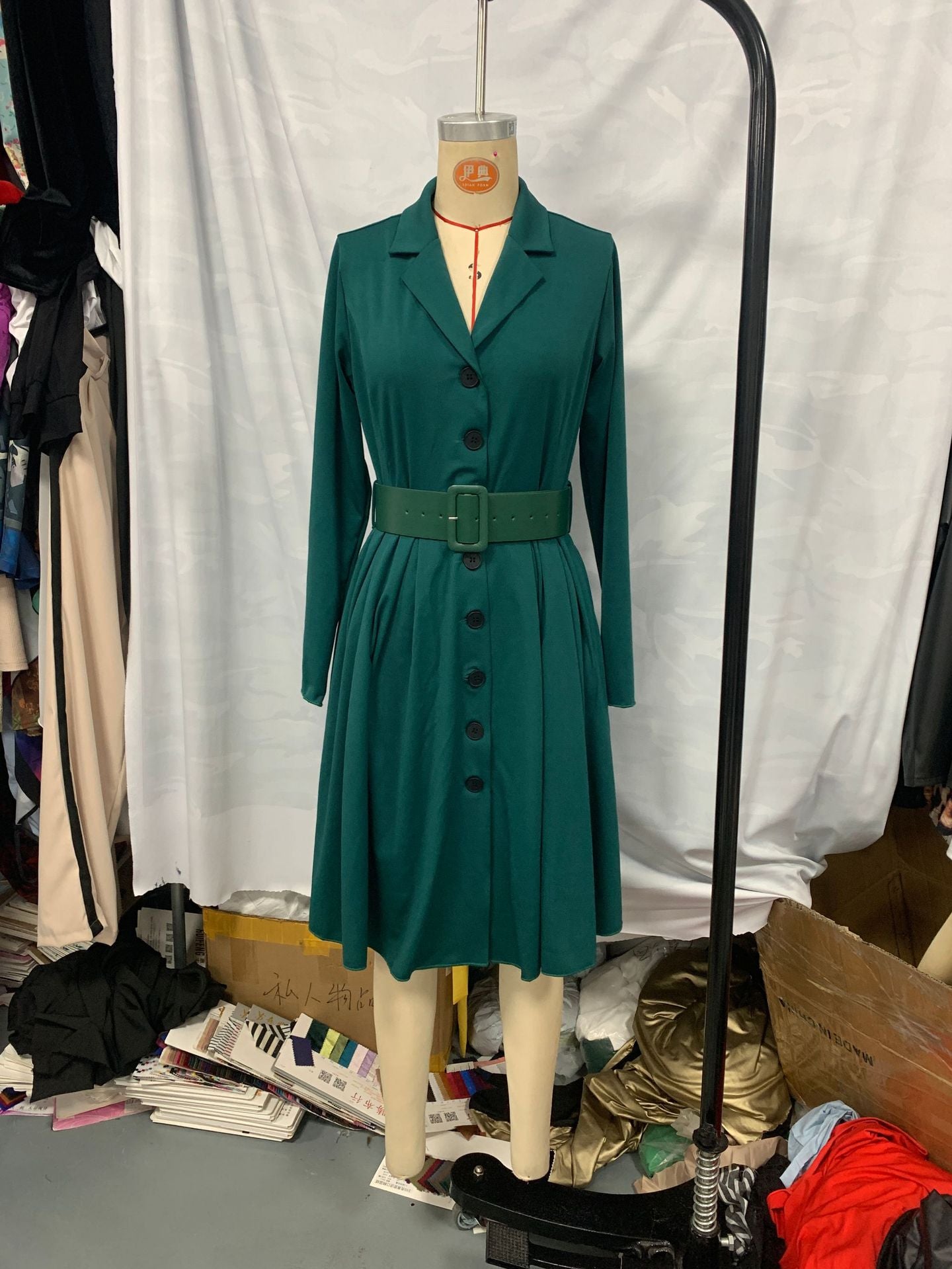 Plus Size  V Neck Turndown Collar A-Line Belt Shirt Dress 6