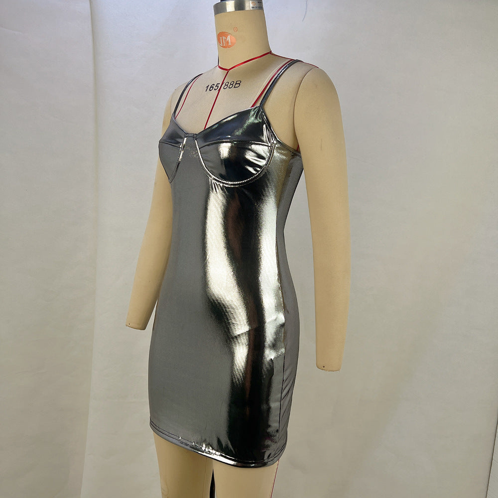 Women's Summer Metallic Sexy Strap Slim Waist Mini Nightclub Bodycon Dress 7