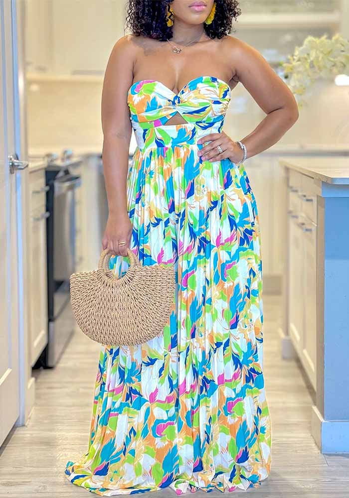 Women summer sexy printed chest-wrapped off-shoulder pleated wide-leg Jumpsuit