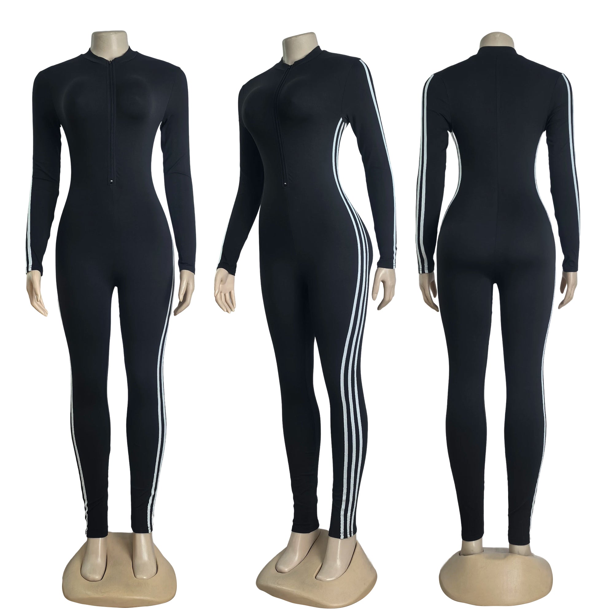 Women Striped Half Zipper Jumpsuit 3