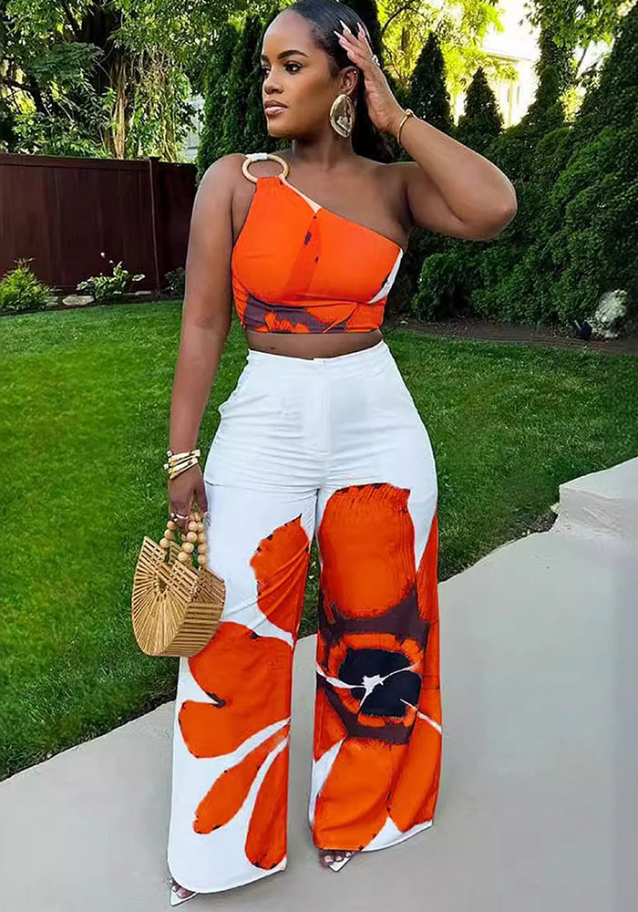 Women's Fashion Sexy Floral One-Shoulder Slim Vest Wide Leg Pants Two-Piece Set