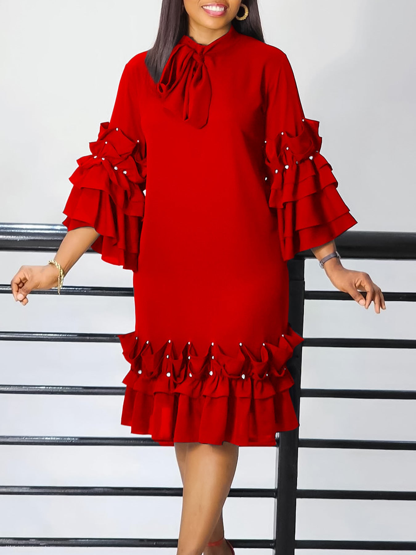 Women's Fashionable And Elegant Lace-Up Multi-Layered Ruffled Bell Bottom Sleeve Loose Dress 8