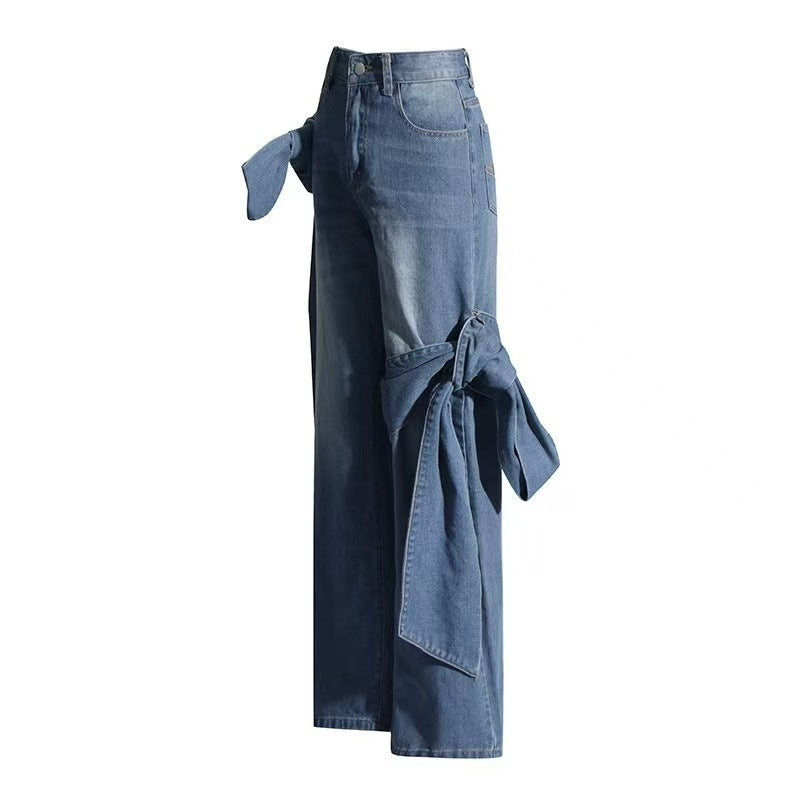 Women Spring Patchwork Bow Denim Wide Leg Pants 10