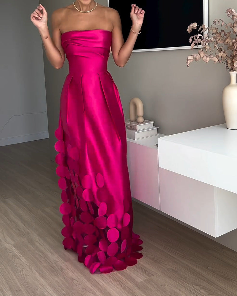 Women's Patchwork Sequined Satin Sexy Strapless High-Waisted Evening Gown 4