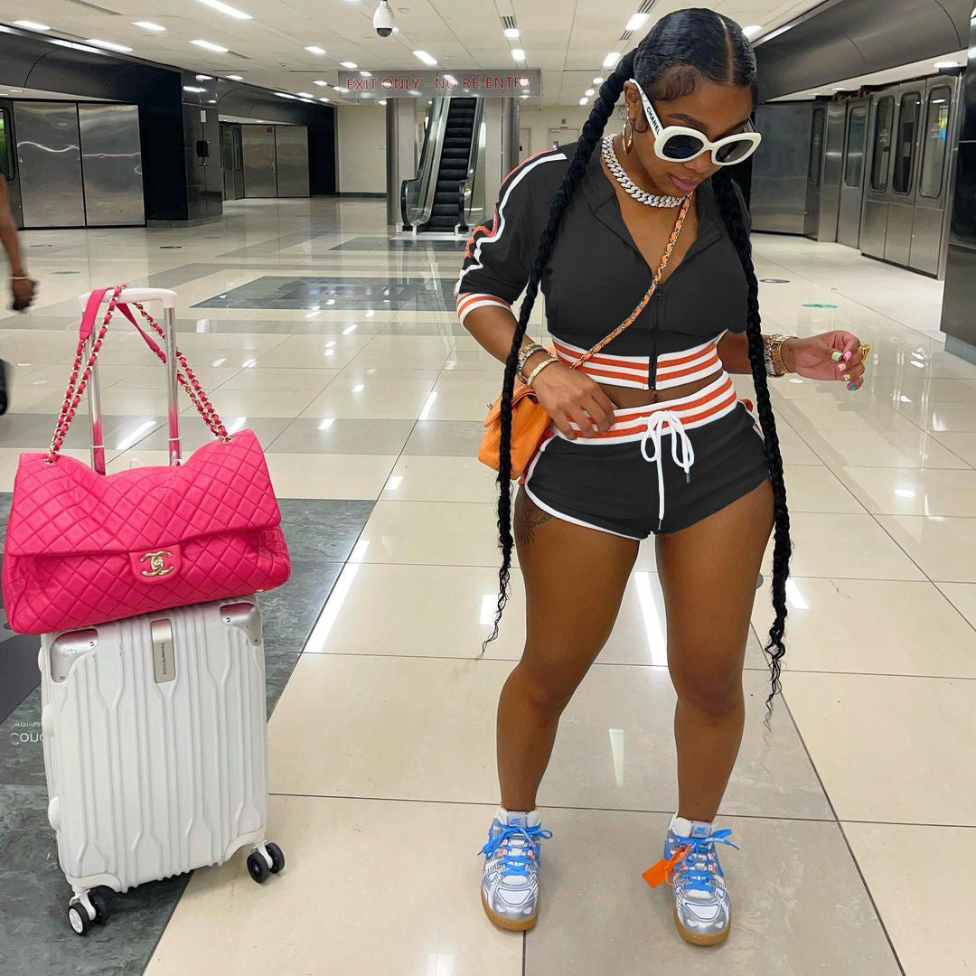 Women's Fashion Striped Patchwork Hooded Long Top Sexy Shorts Sports Two Piece Set 3