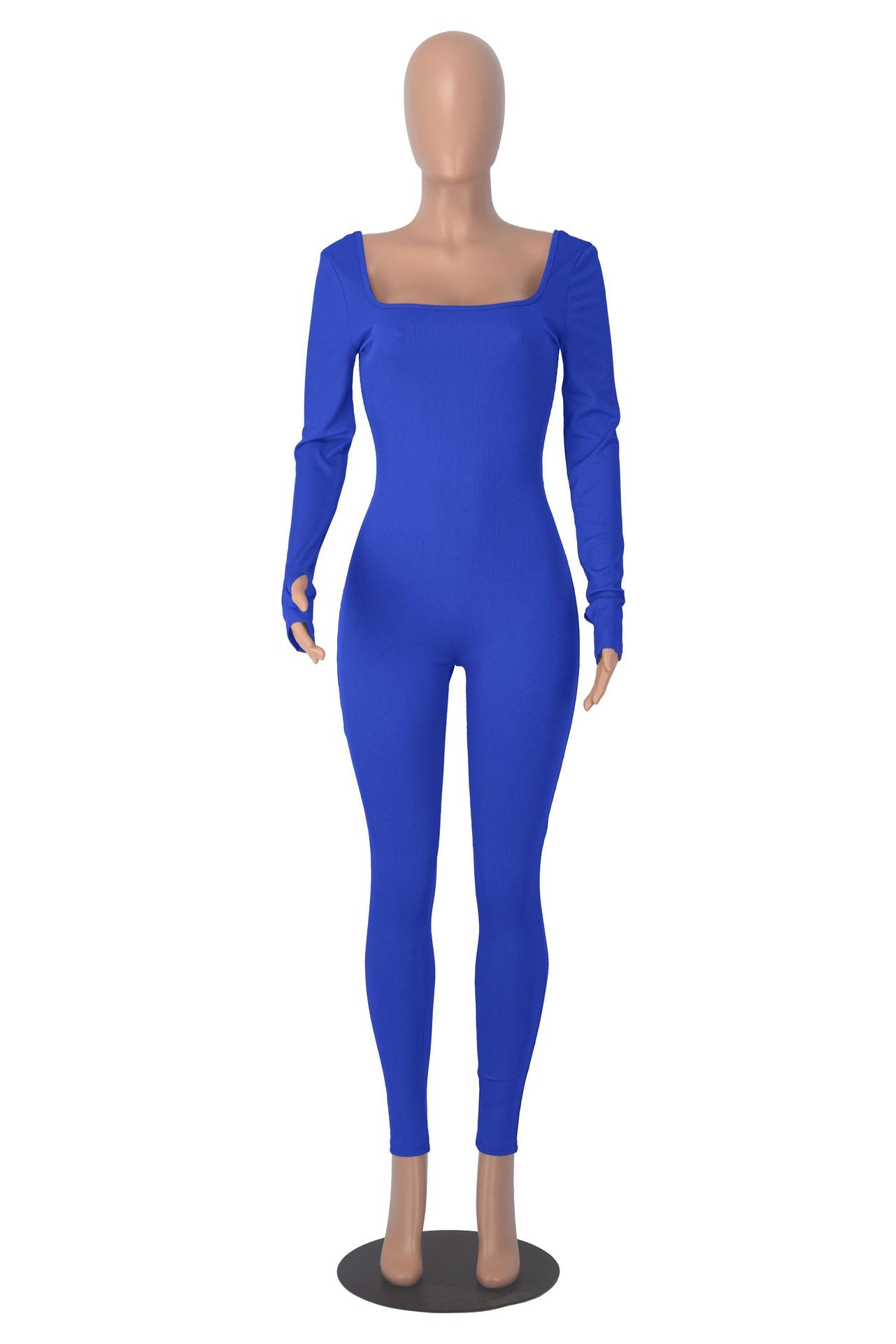 Women's Solid Color Long Sleeve Ribbed Square Neck Low Back Slim Fit Jumpsuit 32