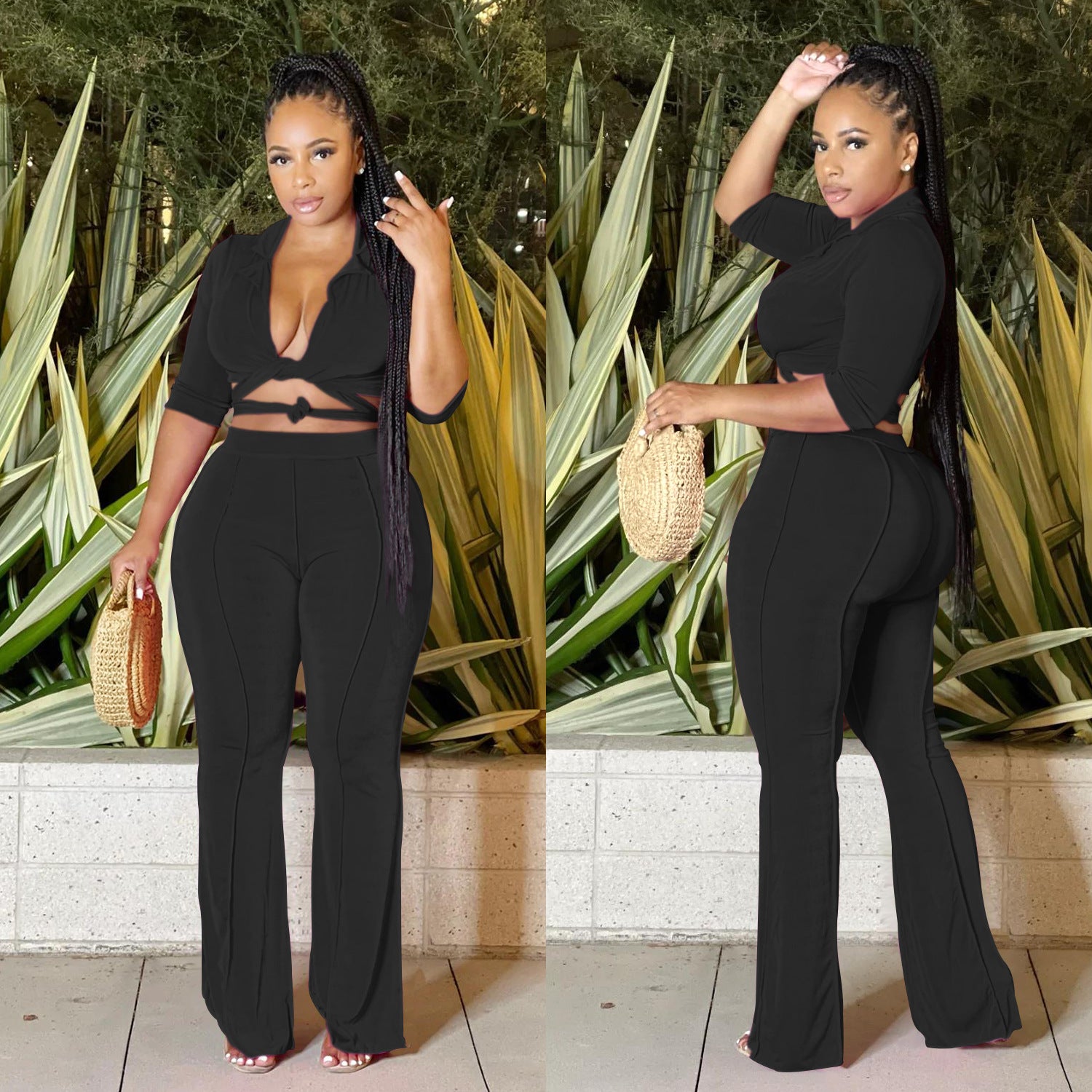 Fashion Women'S Solid Color Half-Sleeve Turndown Collar Shirt Trouserstwo Piece Set 4