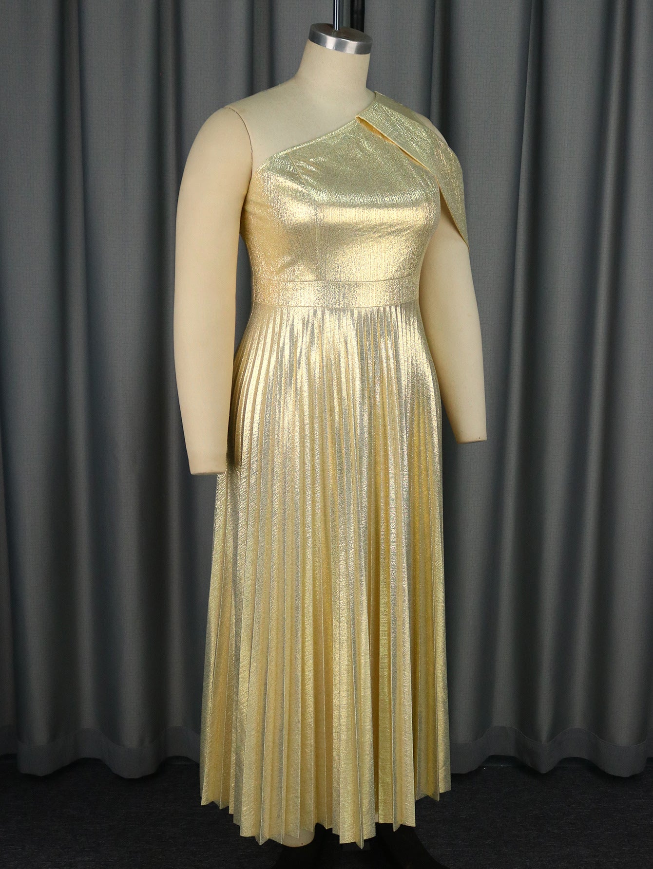 Summer Elegant One Shoulder Sleeveless Gold Pleated Formal Party Dress 5