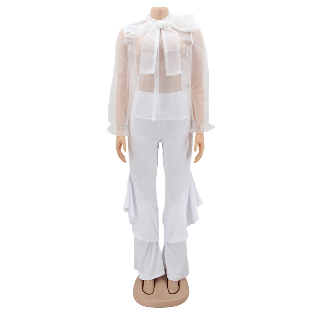 Sexy Mesh Tops Bell Bottom Pants Women's Casual Two Piece Set 14