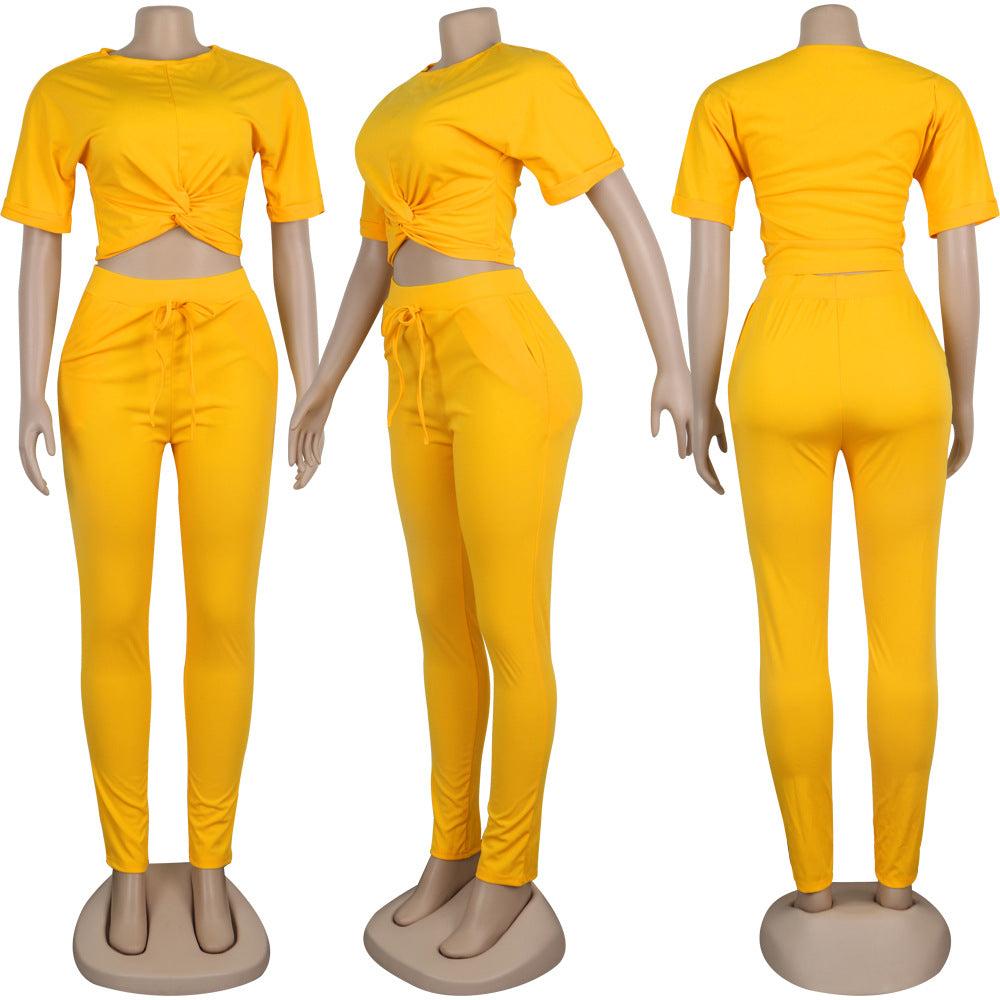 Solid Color Short-Sleeved Sports Casual Women's Two Piece Pants Set 11