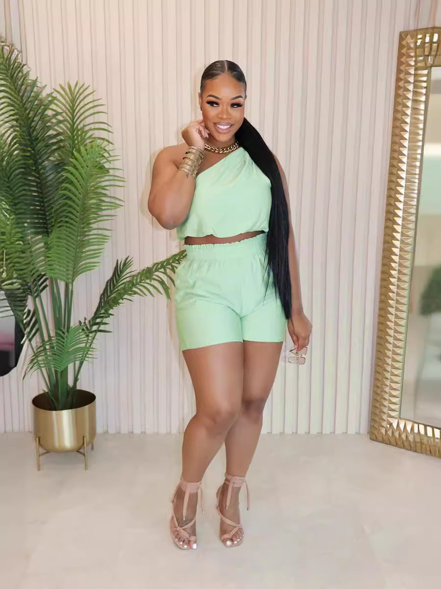 Women's Solid Color Slash Shoulder Sleeveless Two Piece Shorts Set 7