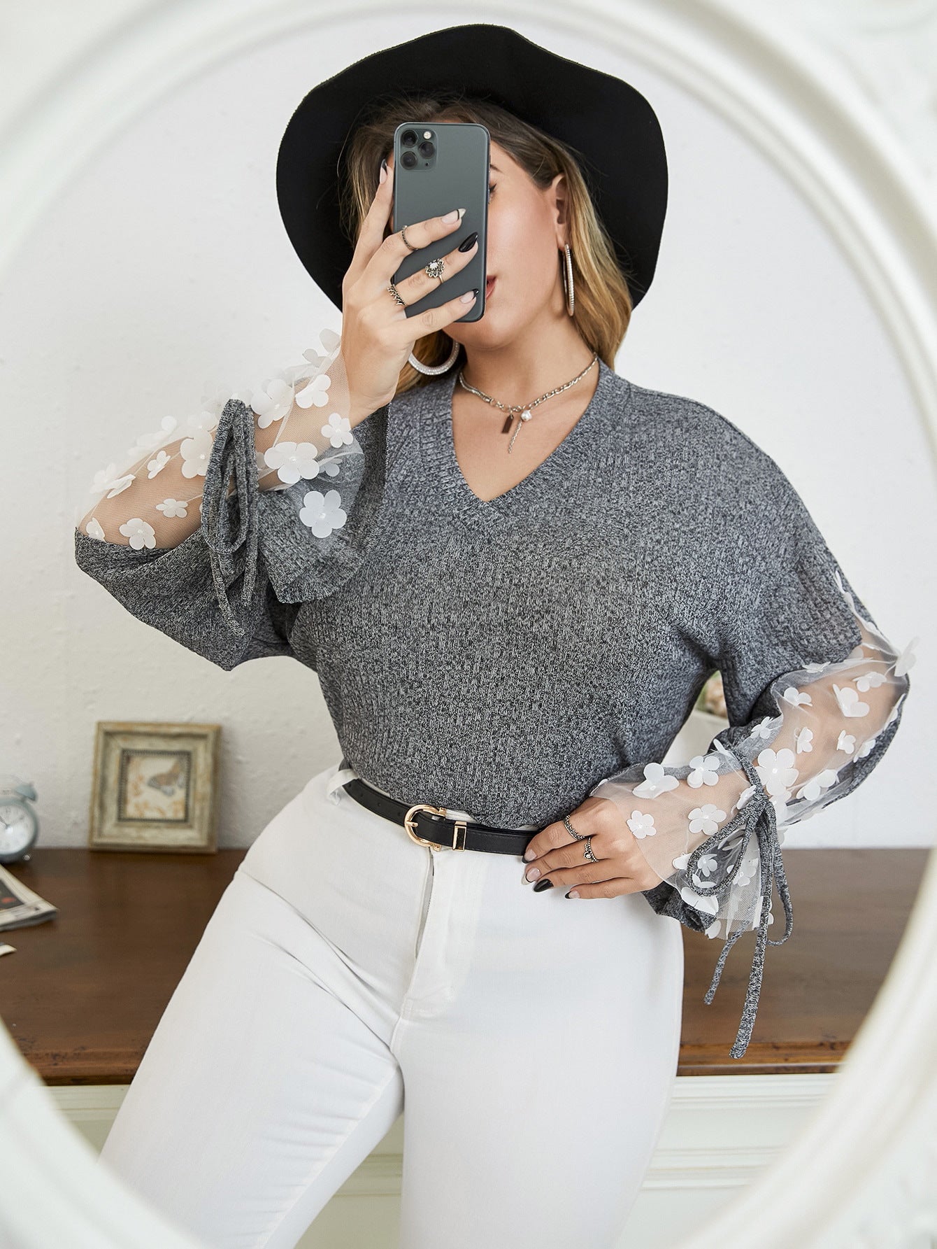 Plus Size Women's Long Sleeve Career Loose Lace Bow Top 5