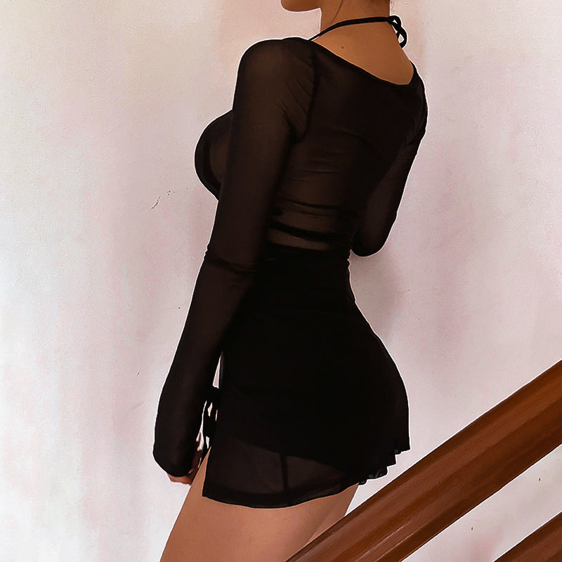 Women Mesh Long Sleeve Slit Dress 4