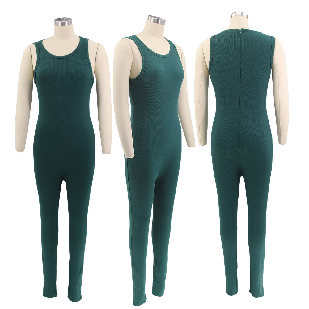 Women Solid Stretch Sleeveless Sexy Round Neck Jumpsuit 9