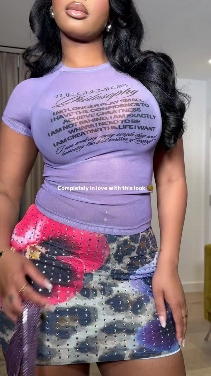 Women summer mesh rhinestone sexy print top and skirt two-piece set