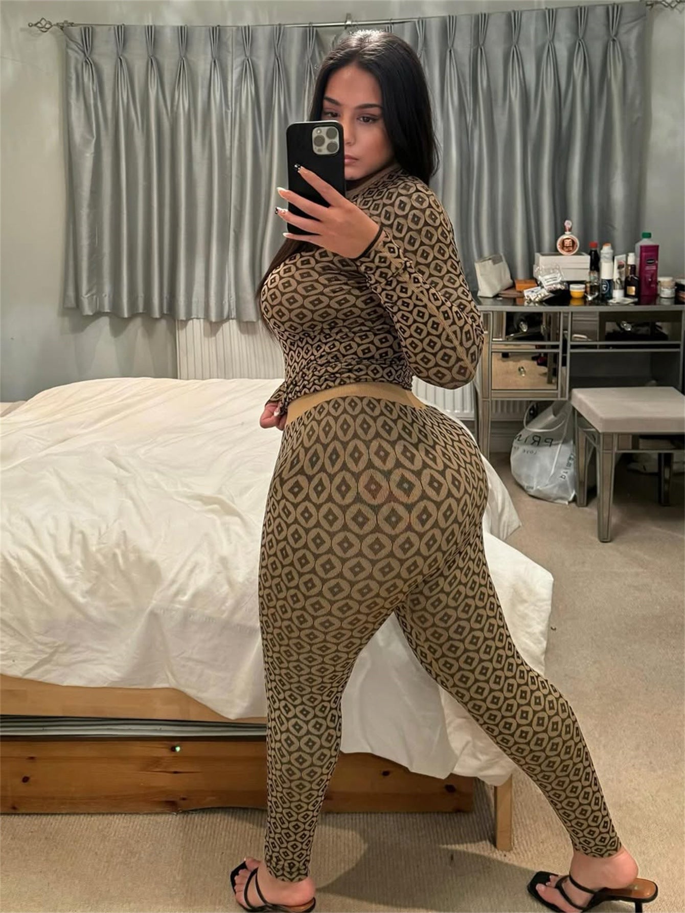 Women printed sexy stretchy long sleeve round neck top trousers two-piece set 4