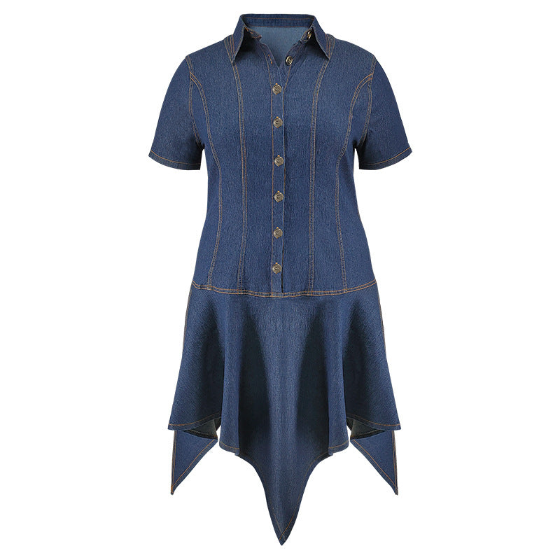 Plus Size Women's Turndown Collar Short Sleeve Button Denim Dress 9