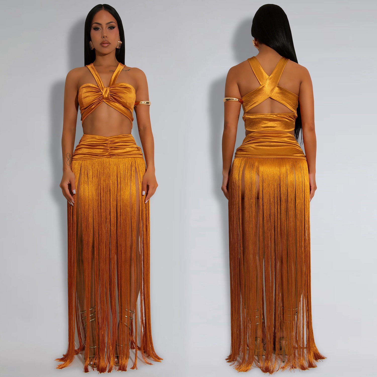 Women's Fashion Sexy Strap Top & Fringe Long Skirt Two-Piece Set 5