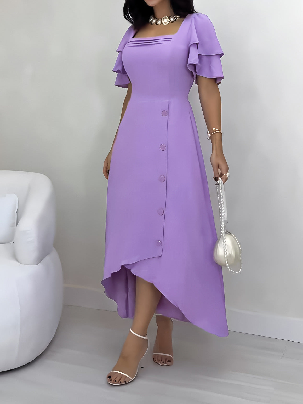 Women's Casual Ruffle Sleeve Slim Waist Button-Down A-Line Dress