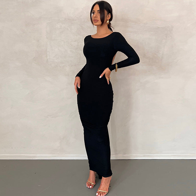 Autumn and Winter Sexy Slim Long Sleeve Low Back Bodycon Long dress for Women 3