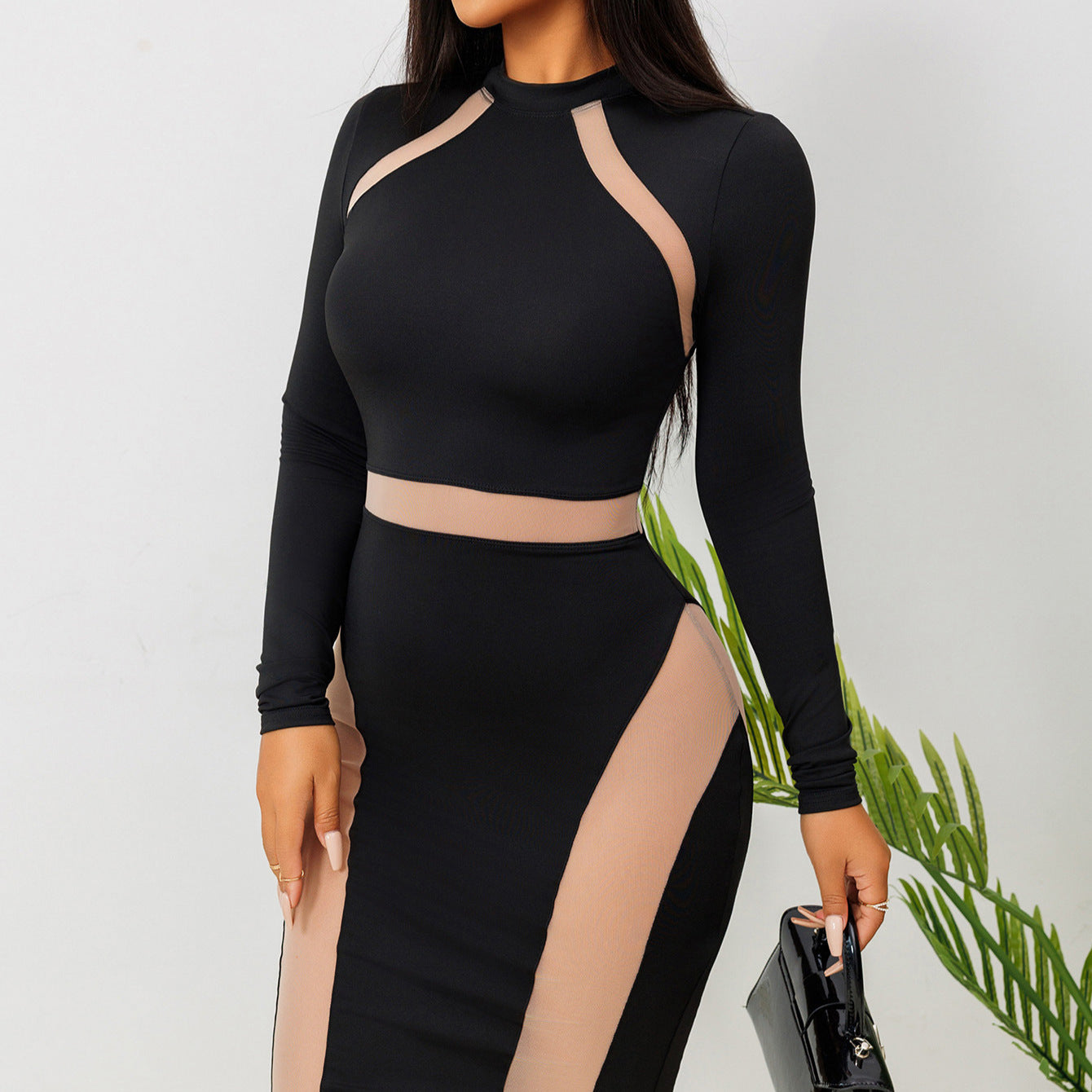 Fall Sexy See Through Mesh Patchwork Long Sleeve Slim Nightclub Long Dress 7