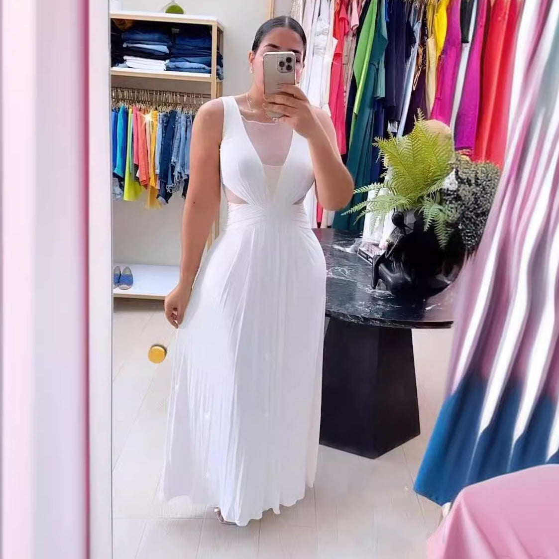 Sexy See-Through Low Back Pleated Stretch Slim Waist Dress 4