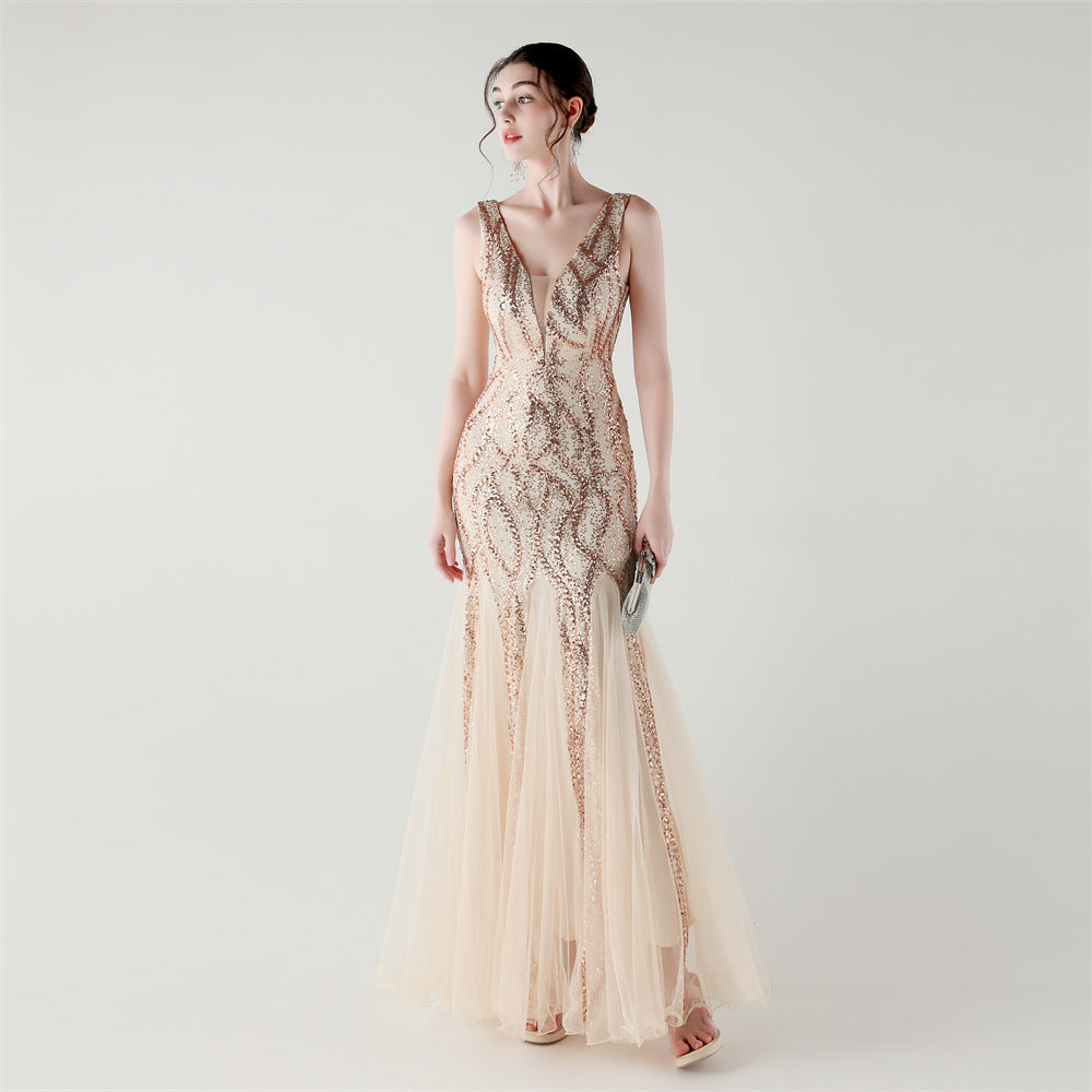 Deep V Neck Sequin Mesh Patchwork Fishtail Evening Dress for Formal Occasions 14