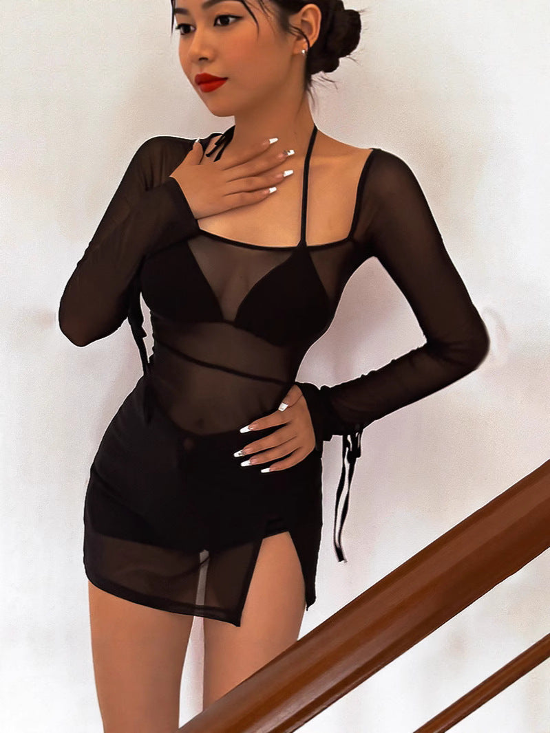 Women See-Through Sexy Mesh Long Sleeve Slit Dress 3
