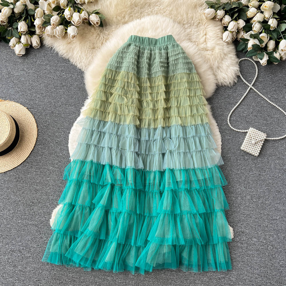 Women  Irregular Gradient Cascading Ruffles Puffy Mesh Skirt 25