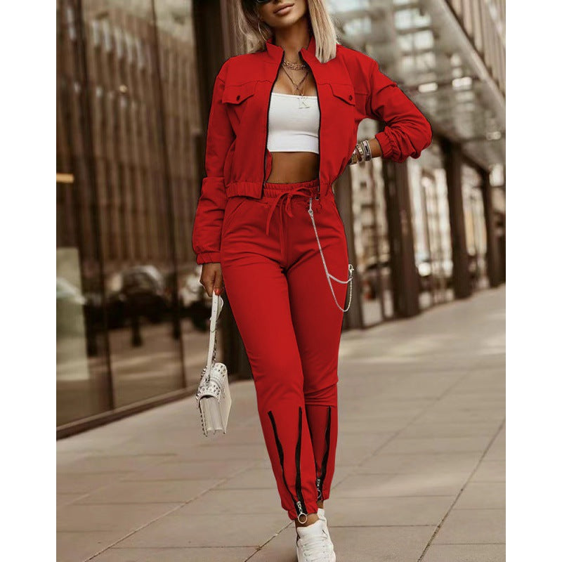 Women's Zipper Long-Sleeved Top Drawstring Pants Casual Two-Piece Suit 12