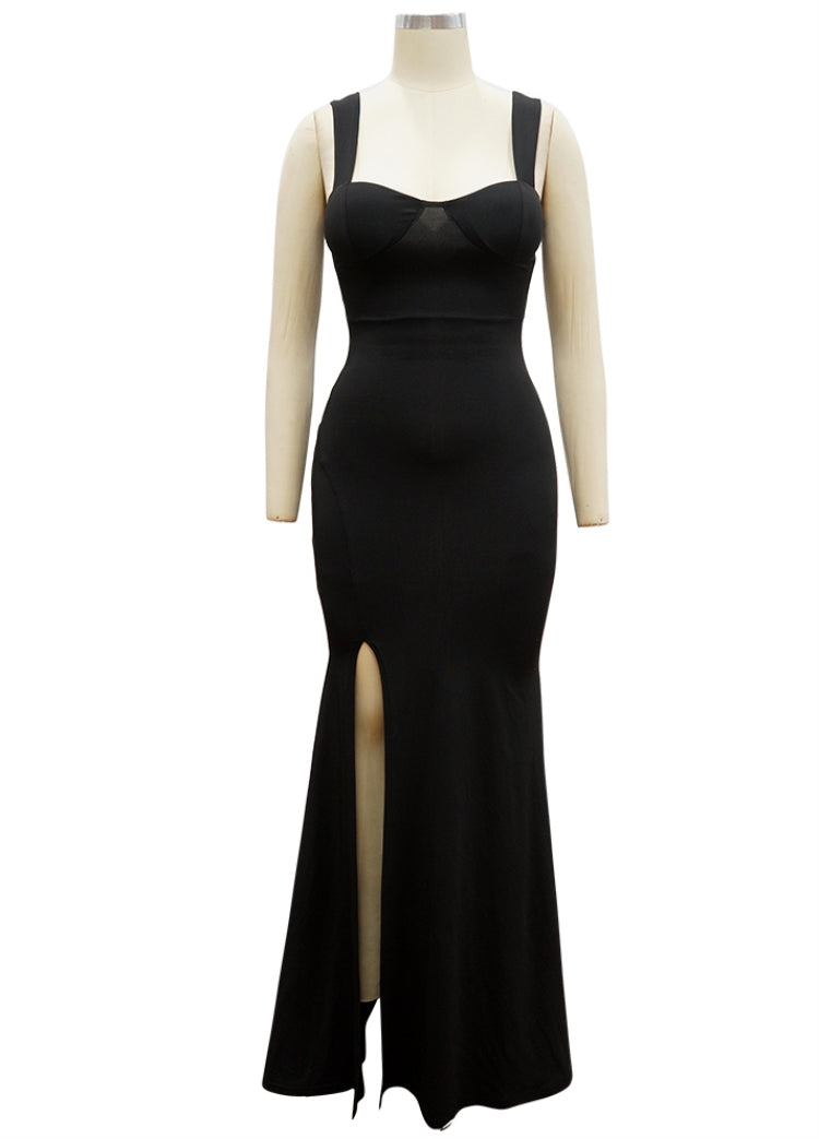 Women Summer Black Modest Strap Sleeveless Solid Silt Evening Dress 4