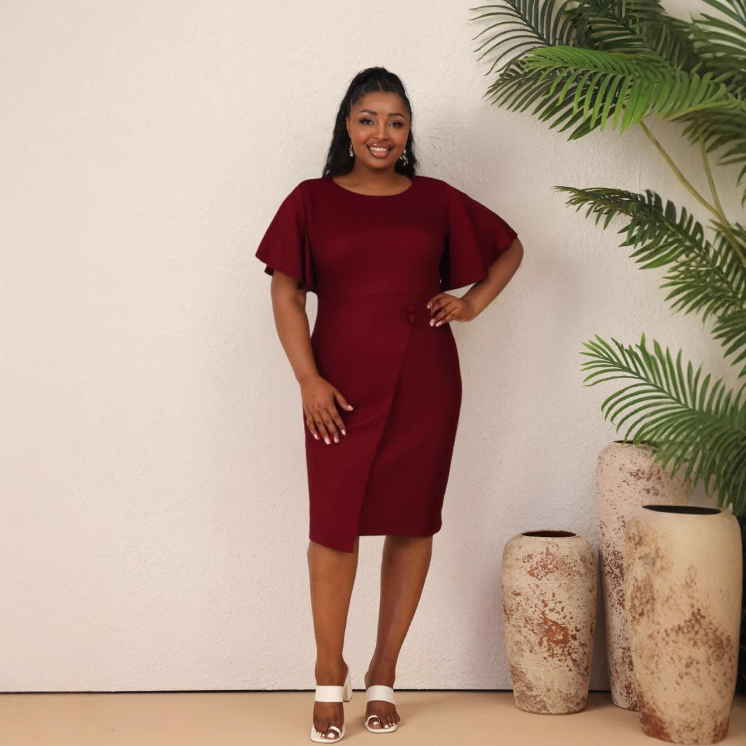 Women Summer Solid Career Ruffle Sleeve Dress 13