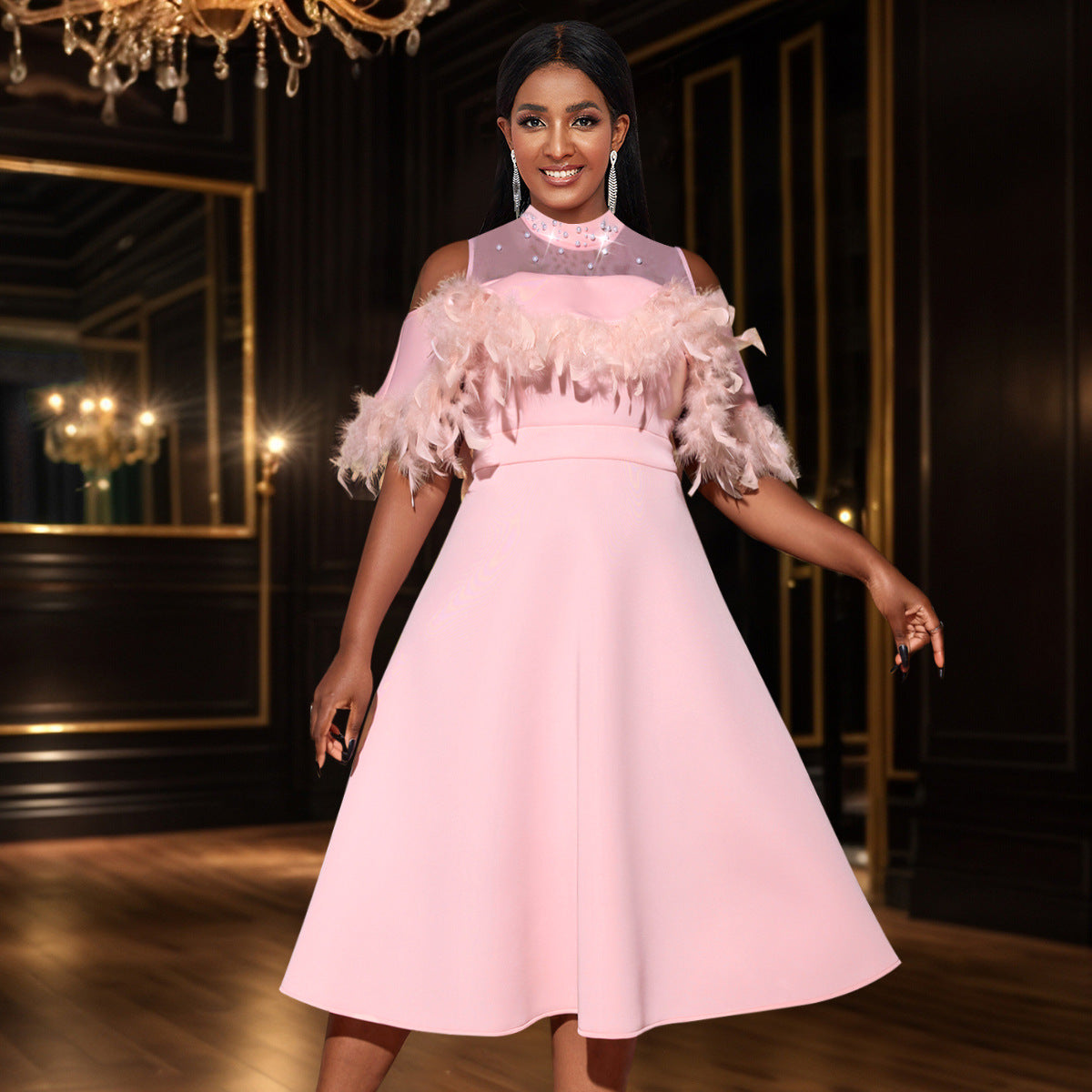 Women Formal Party See-Through Off-Shoulder Feather Dress