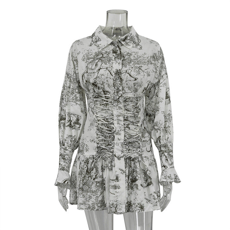 Spring And Autumn Print Lantern Sleeve Turndown Collar Tie Shirt Dress 6