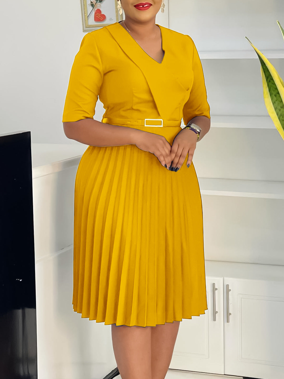 Women's Summer Fashion V-Neck Solid Color Plus Size Pleated African Dress