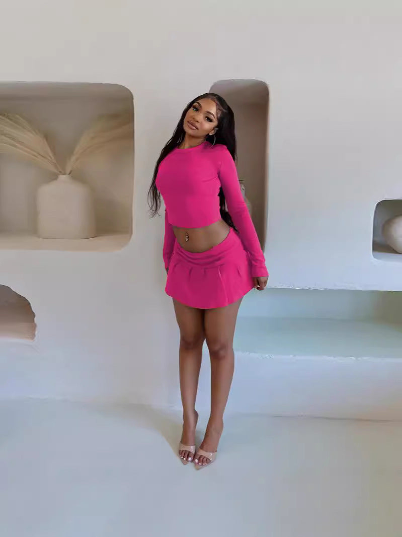 Women's fashion solid color Round Neck Crop slim long-sleeved top pleated short skirt two-piece set 7