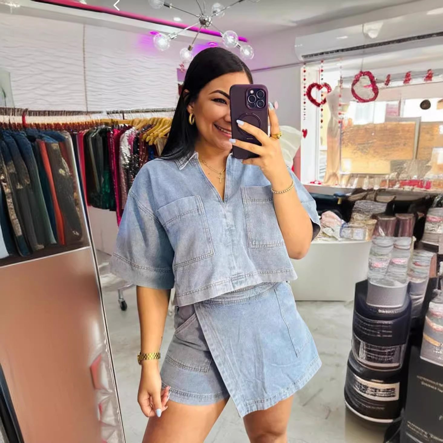 Women Casual Denim Polo Short Sleeve Shirt Irregular Skirt Pants Two-piece Set 5