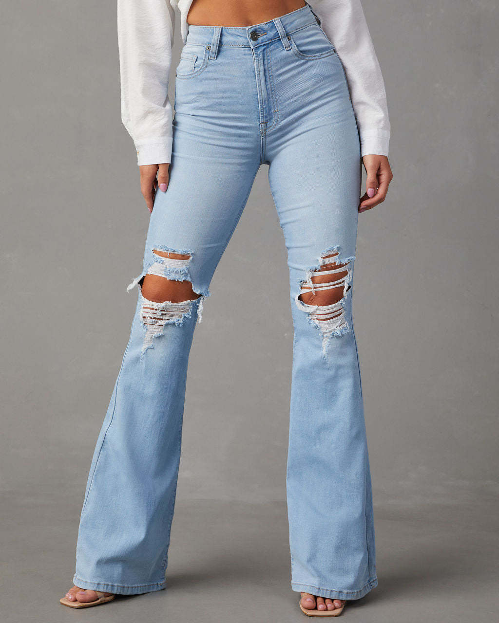 Women High Waist Ripped Denim Bell Bottom Pants 3
