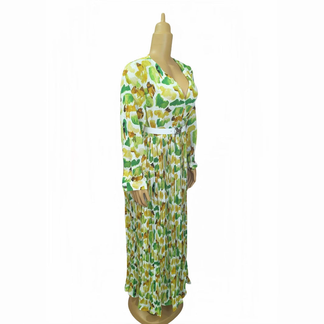 African Women Printed V-Neck Long Sleeve Maxi Dress with Belt 5