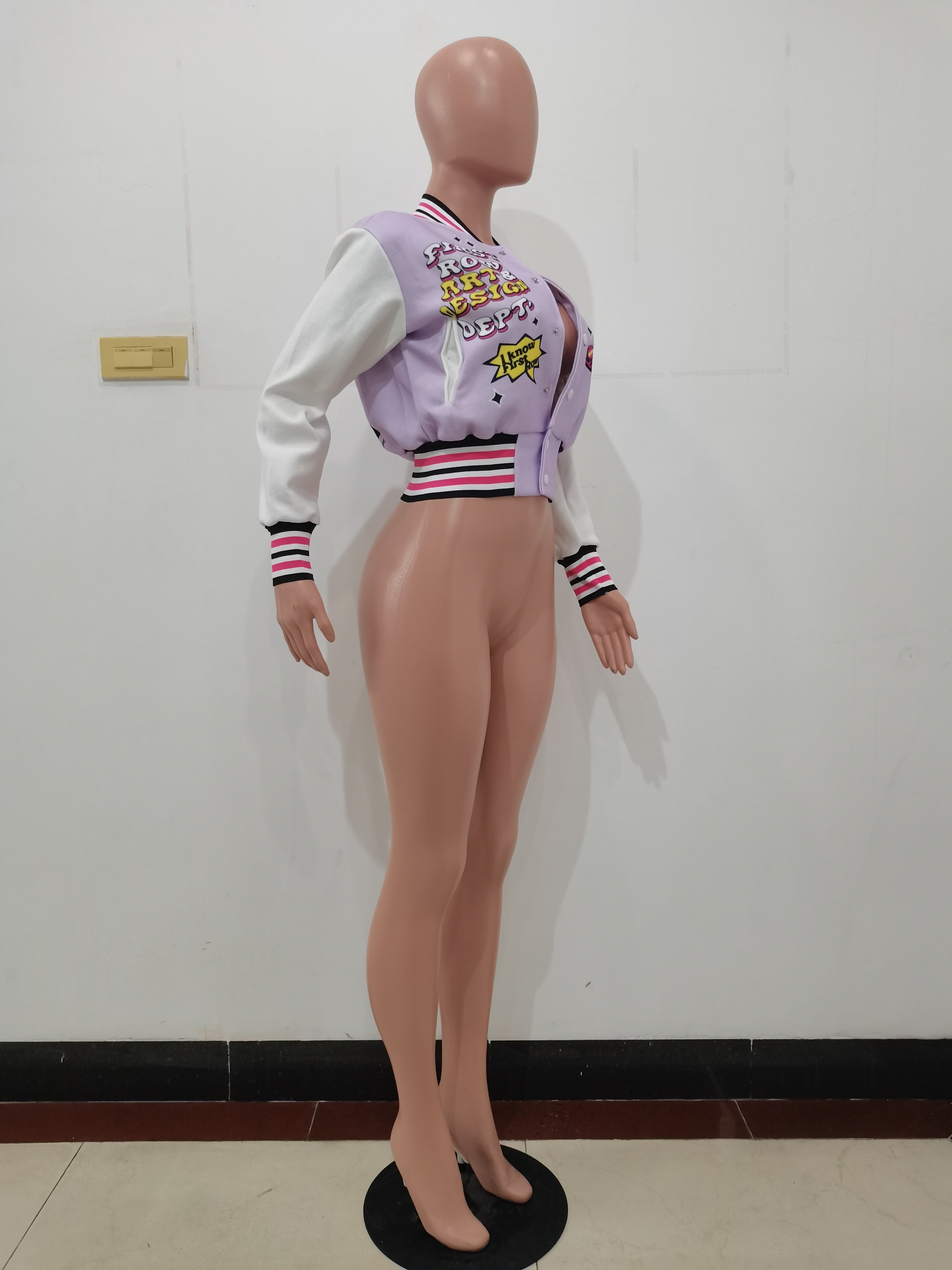 Positioning Print Ribbed Fashion Women's Top Baseball Jacket 17