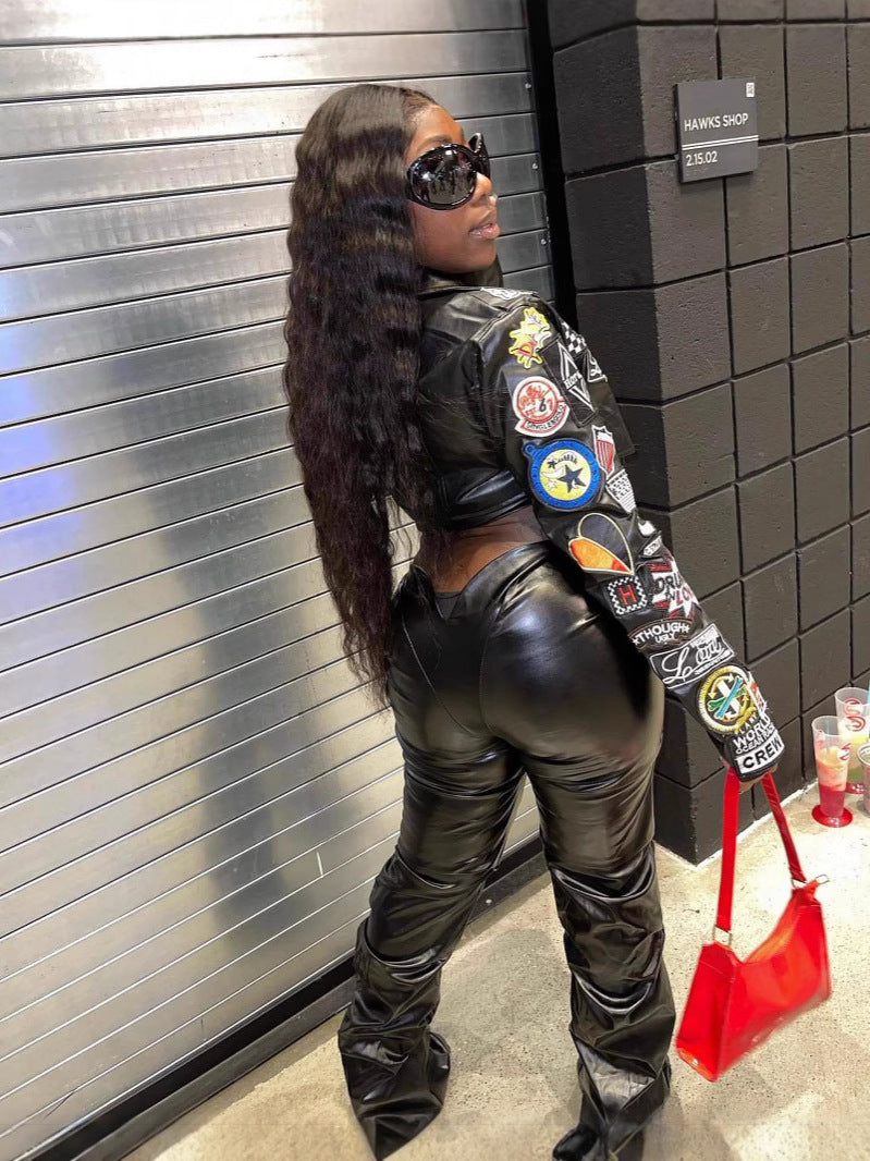 Women's Autumn Solid Color PU Leather Low-Rise Pants Sexy Slim Fit Casual Wear 4