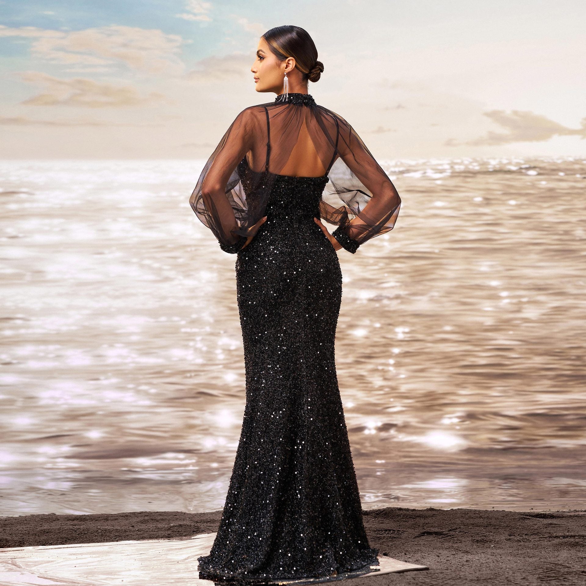 Women long sleeve Round Neck Bodycon Formal Party sequined fishtail evening dress 4