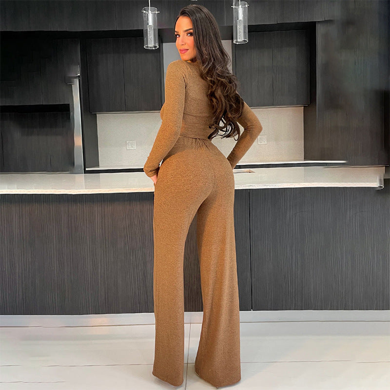 Women Autumn and Winter Long Sleeve Crop Top and Pant Casual Two-piece Set 5